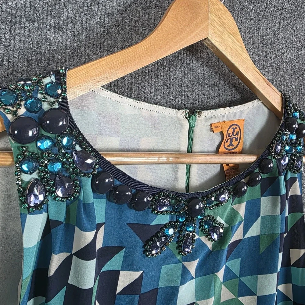 Tory‎ Burch Silk Tank Top 4 Blue Green Geometric Beaded Jewel Sparkle Rhinestone